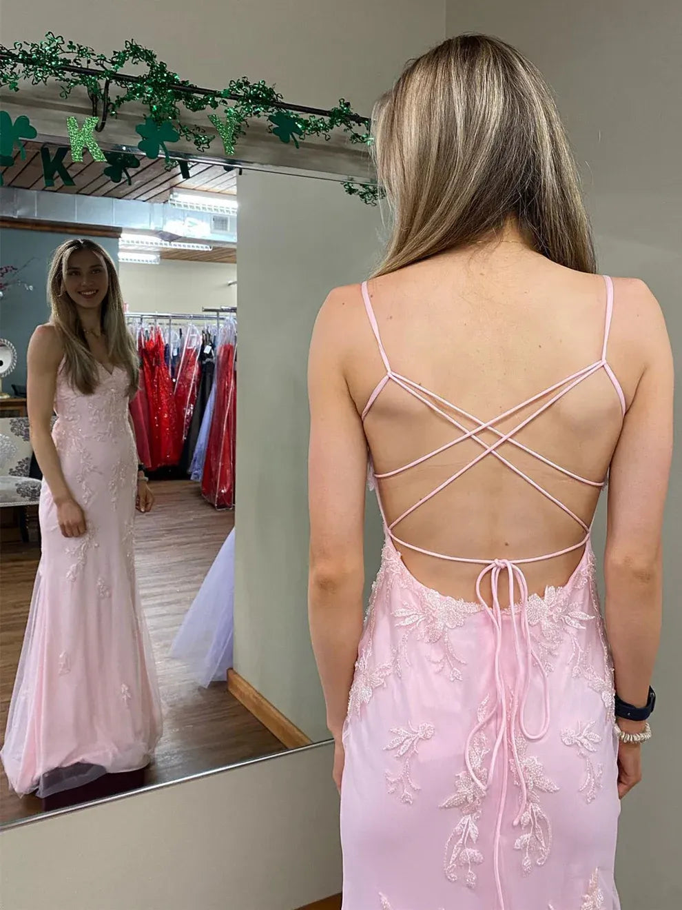 Vestido Weitese largo de sirena con escote en V, encaje, sin espalda, vestido de fiesta rosa, vestidos de noche formales
